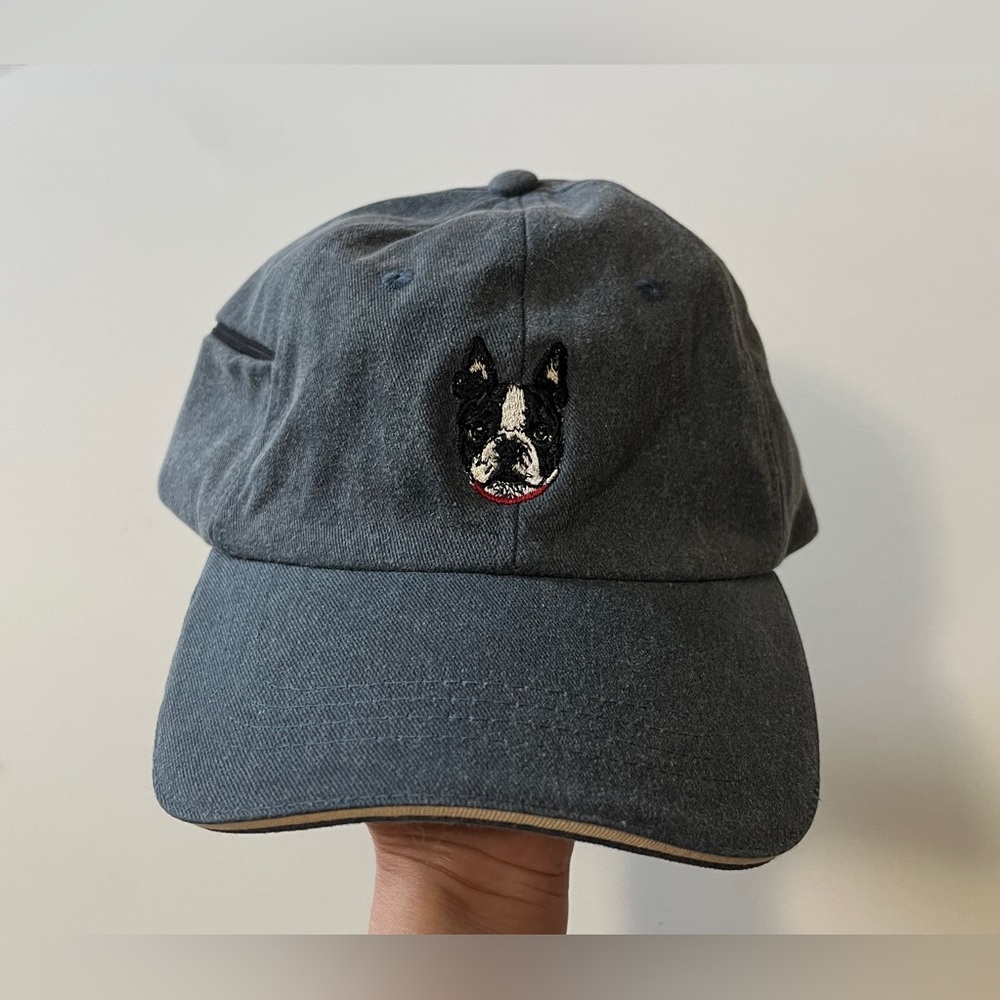 Your Breed Baseball Cap Boston Terrier Embroidered Zippered Pocket Blue/Gray